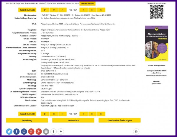 Eintrag im Onlinekatalog der Landesbibliothek für "Personen der Weltgeschichte für Dummies"